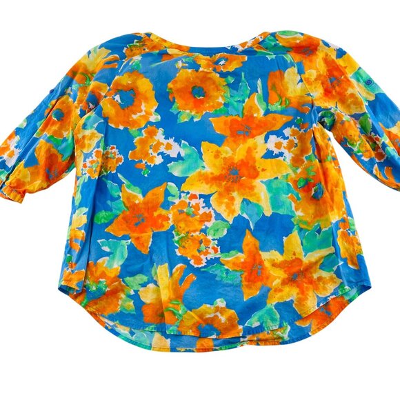 Jones‎ New York Sport Floral Blouse XL 100% Cotton Womens 3/4 Sleeve Blue Orange - Picture 5 of 5